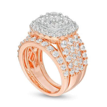 3.75 CT. T.W. Natural Diamond Double Cushion Frame Multi-Row Three Piece Bridal Engagement Ring Set in Solid 10K Rose Gold