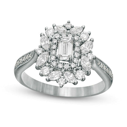 1.0 CT. T. W. Emerald-Cut Natural Diamond Flower Frame Engagement Ring in Solid 14K White Gold