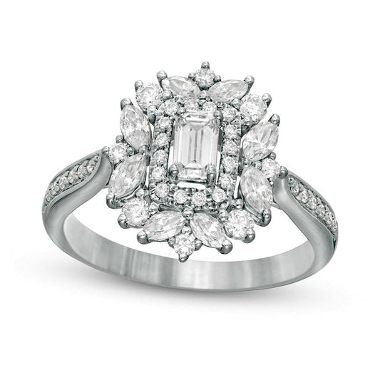 1.0 CT. T. W. Emerald-Cut Natural Diamond Flower Frame Engagement Ring in Solid 14K White Gold