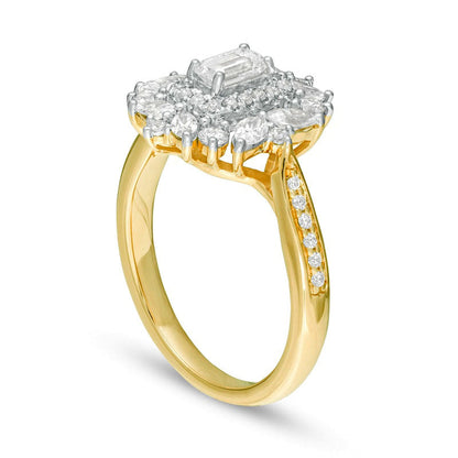 1.0 CT. T. W. Emerald-Cut Natural Diamond Flower Frame Engagement Ring in Solid 14K Gold