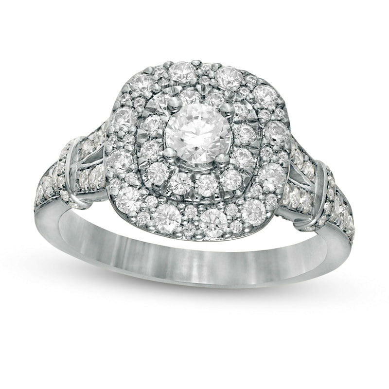 1.20 CT. T.W. Natural Diamond Double Cushion Frame Collar Engagement Ring in Solid 14K White Gold