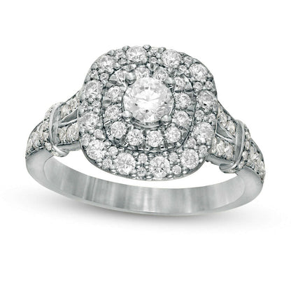 1.20 CT. T.W. Natural Diamond Double Cushion Frame Collar Engagement Ring in Solid 14K White Gold