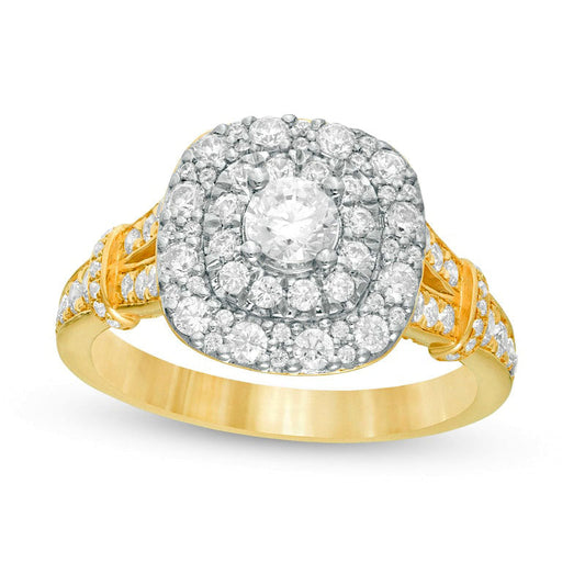 1.20 CT. T.W. Natural Diamond Double Cushion Frame Collar Engagement Ring in Solid 14K Gold