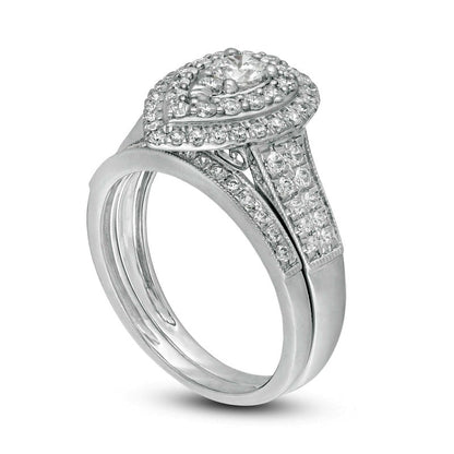 1.0 CT. T.W. Natural Diamond Double Pear-Shaped Frame Antique Vintage-Style Bridal Engagement Ring Set in Solid 14K White Gold