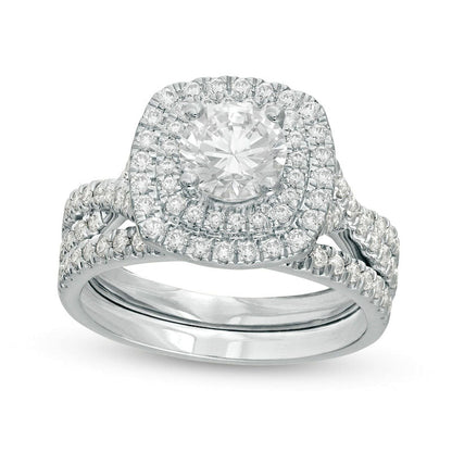 1.63 CT. T.W. Natural Diamond Double Cushion Frame Twist Shank Bridal Engagement Ring Set in Solid 14K White Gold