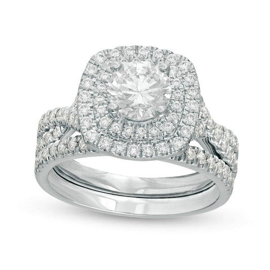 1.63 CT. T.W. Natural Diamond Double Cushion Frame Twist Shank Bridal Engagement Ring Set in Solid 14K White Gold