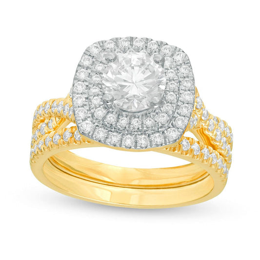 1.63 CT. T.W. Natural Diamond Double Cushion Frame Twist Shank Bridal Engagement Ring Set in Solid 14K Gold