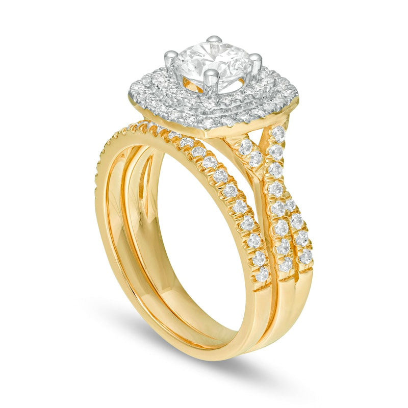 1.63 CT. T.W. Natural Diamond Double Cushion Frame Twist Shank Bridal Engagement Ring Set in Solid 14K Gold