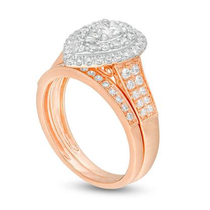 1.0 CT. T.W. Natural Diamond Double Pear-Shaped Frame Antique Vintage-Style Bridal Engagement Ring Set in Solid 14K Rose Gold