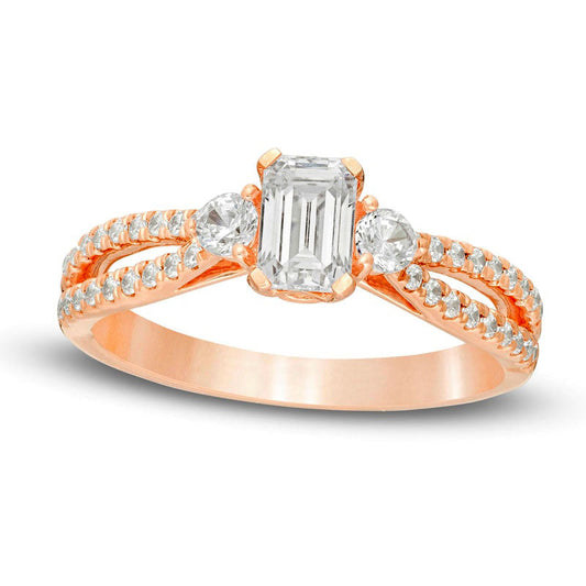 0.88 CT. T.W. Emerald-Cut Natural Diamond Split Shank Engagement Ring in Solid 14K Rose Gold