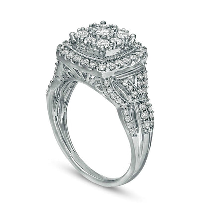1.0 CT. T.W. Natural Diamond Double Cushion Frame Collar Split Shank Antique Vintage-Style Engagement Ring in Solid 10K White Gold