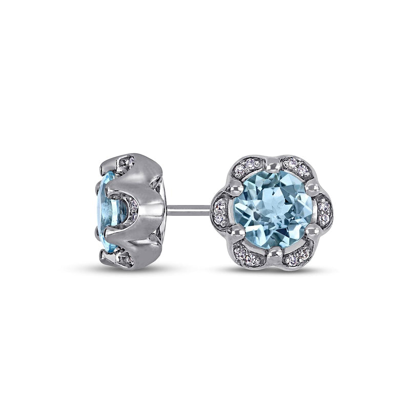 6.0mm Aquamarine and 0.07 CT. T.W. Diamond Frame Flower Stud Earrings in 14K White Gold