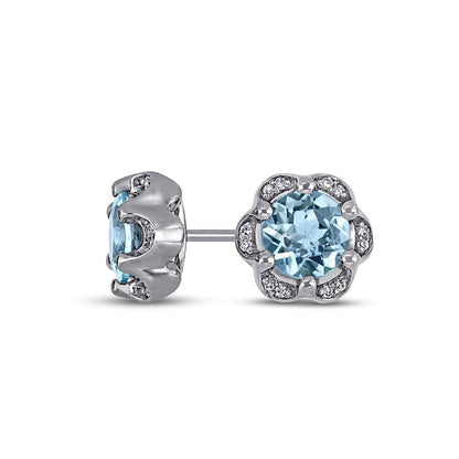 6.0mm Aquamarine and 0.07 CT. T.W. Diamond Frame Flower Stud Earrings in 14K White Gold