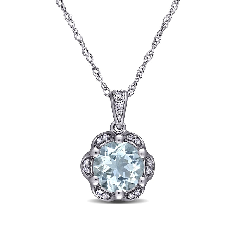 7.0mm Aquamarine and 0.05 CT. T.W. Natural Diamond Frame Flower Drop Pendant in 14K White Gold - 17