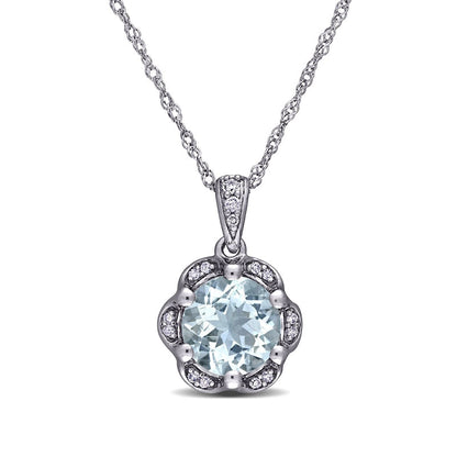 7.0mm Aquamarine and 0.05 CT. T.W. Natural Diamond Frame Flower Drop Pendant in 14K White Gold - 17