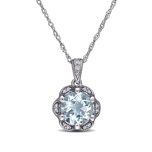 7.0mm Aquamarine and 0.05 CT. T.W. Natural Diamond Frame Flower Drop Pendant in 14K White Gold - 17