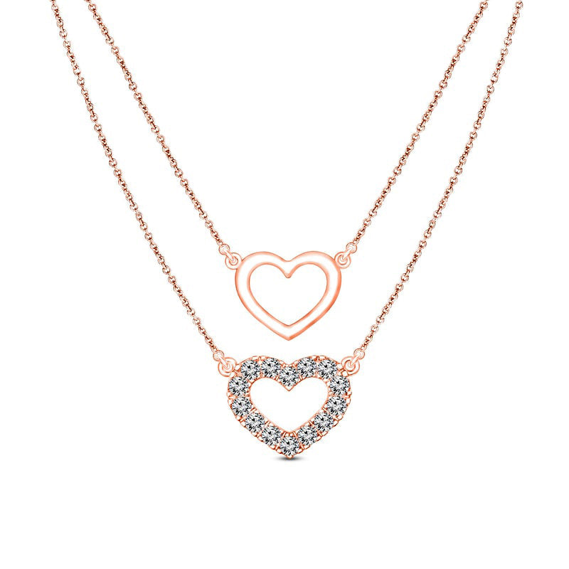 0.2 CT. T.W. Natural Diamond Double Heart Outline Double Strand Layered Necklace in 10K Rose Gold