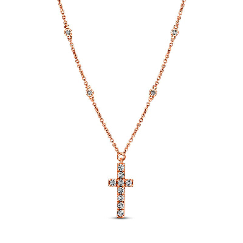 0.2 CT. T.W. Natural Diamond Cross Station Necklace in 10K Rose Gold - 16