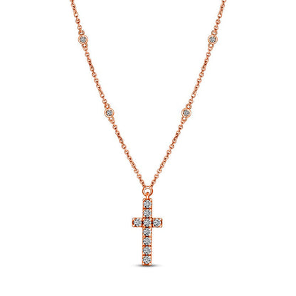 0.2 CT. T.W. Natural Diamond Cross Station Necklace in 10K Rose Gold - 16