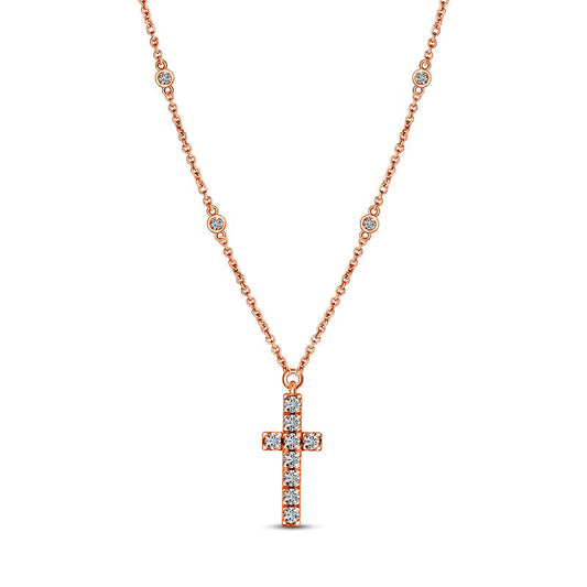 0.2 CT. T.W. Natural Diamond Cross Station Necklace in 10K Rose Gold - 16
