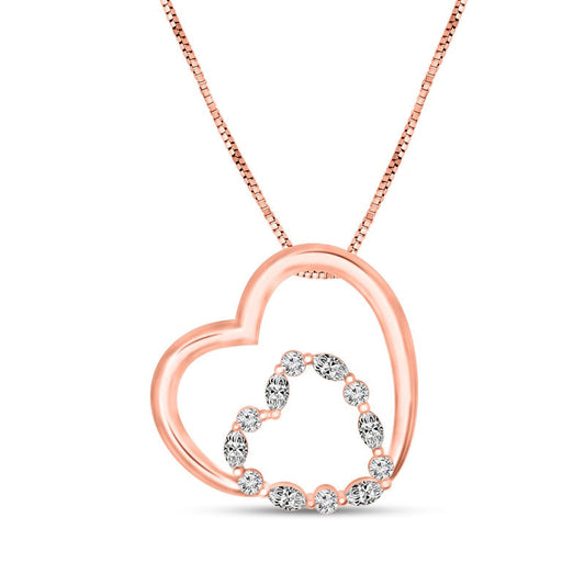 0.33 CT. T.W. Marquise and Round Natural Diamond Tilted Double Heart Outline Pendant in 10K Rose Gold