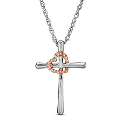 Natural Diamond Accent Cross with Tilted Heart Outline Pendant in Sterling Silver and 10K Rose Gold