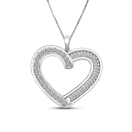 0.88 CT. T.W. Baguette and Round Natural Diamond Heart Outline Pendant in 10K White Gold