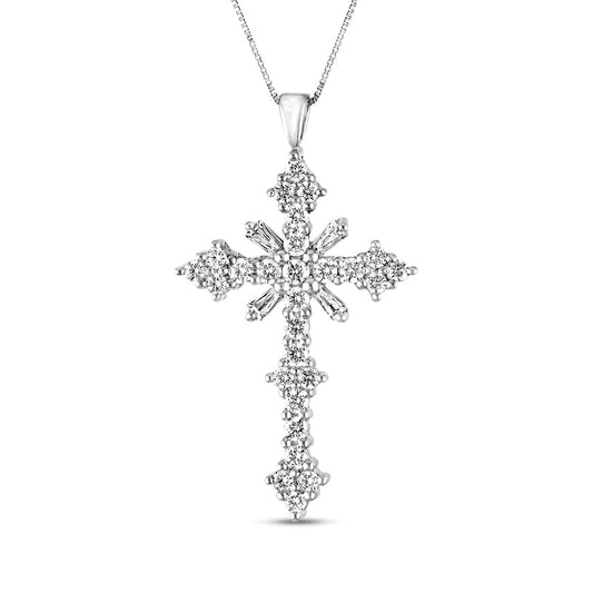 3 CT. T.W. Baguette and Round Natural Diamond Cross Pendant in 14K White Gold