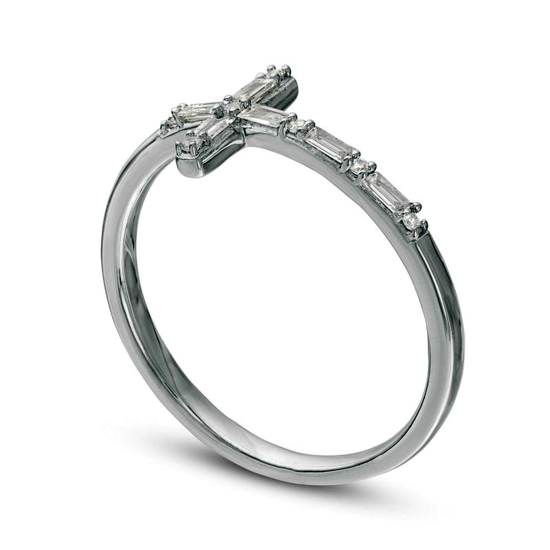 0.17 CT. T.W. Baguette and Round Natural Diamond Sideways Cross Ring in Solid 10K White Gold