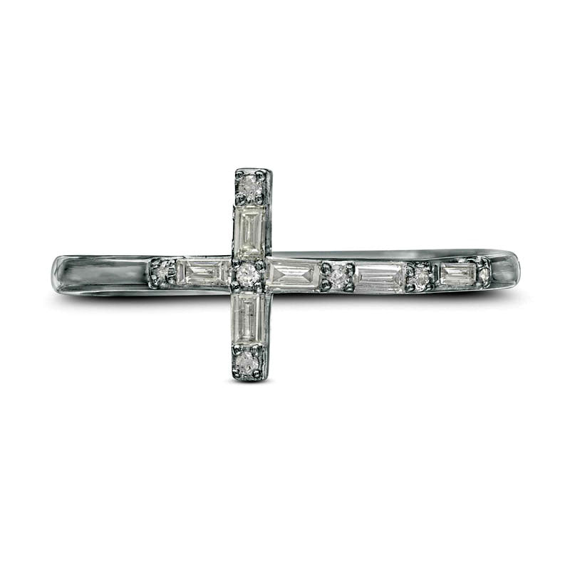 0.17 CT. T.W. Baguette and Round Natural Diamond Sideways Cross Ring in Solid 10K White Gold