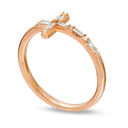 0.17 CT. T.W. Baguette and Round Natural Diamond Sideways Cross Ring in Solid 10K Rose Gold