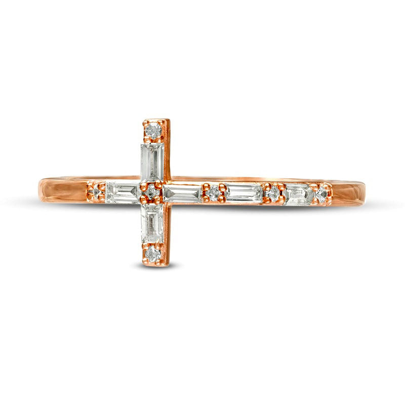 0.17 CT. T.W. Baguette and Round Natural Diamond Sideways Cross Ring in Solid 10K Rose Gold