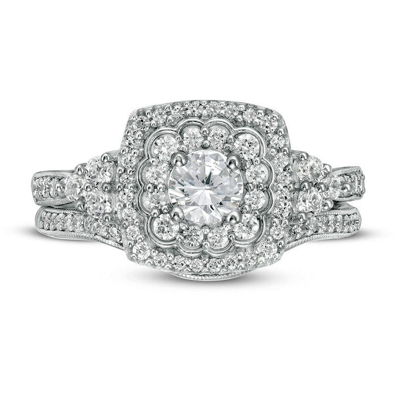 1.0 CT. T.W. Natural Diamond Cushion Frame Tri-Sides Antique Vintage-Style Bridal Engagement Ring Set in Solid 10K White Gold