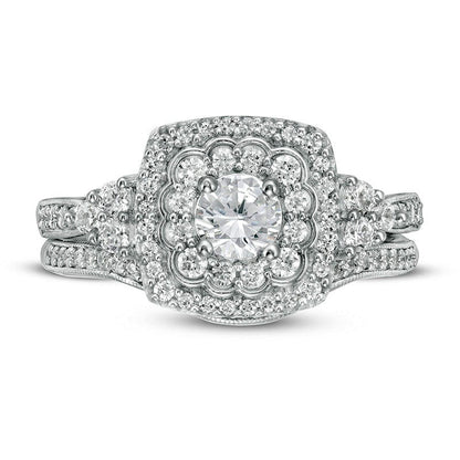 1.0 CT. T.W. Natural Diamond Cushion Frame Tri-Sides Antique Vintage-Style Bridal Engagement Ring Set in Solid 10K White Gold