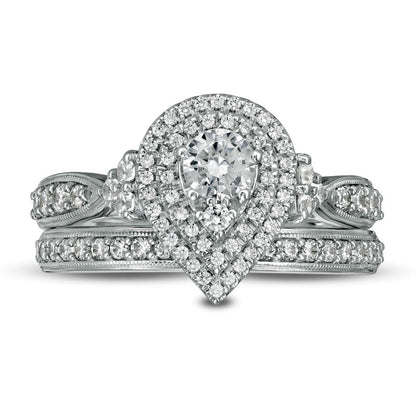 0.88 CT. T.W. Natural Diamond Double Pear-Shaped Frame Antique Vintage-Style Bridal Engagement Ring Set in Solid 10K White Gold