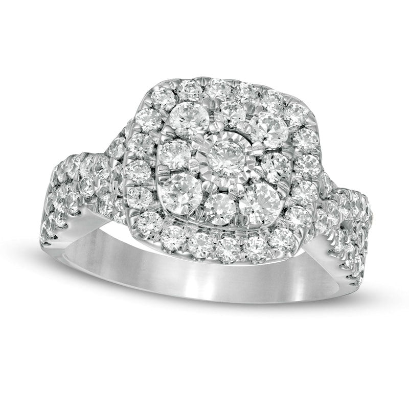 1.63 CT. T.W. Natural Diamond Double Cushion Frame Twist Shank Engagement Ring in Solid 10K White Gold