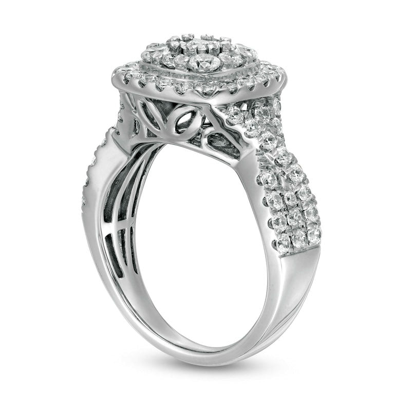 1.63 CT. T.W. Natural Diamond Double Cushion Frame Twist Shank Engagement Ring in Solid 10K White Gold