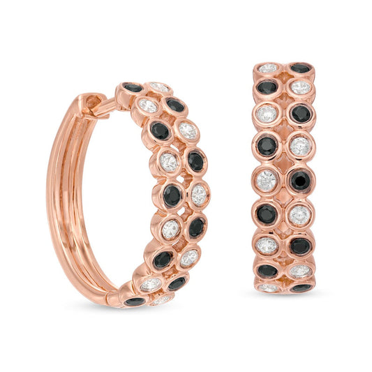 0.5 CT. T.W. Enhanced Black and White Diamond Alternating Double Row Hoop Earrings in 10K Rose Gold