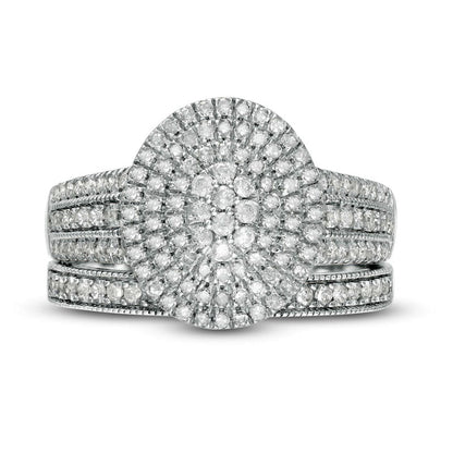 0.75 CT. T.W. Composite Natural Diamond Triple Oval Frame Antique Vintage-Style Multi-Row Bridal Engagement Ring Set in Solid 10K White Gold