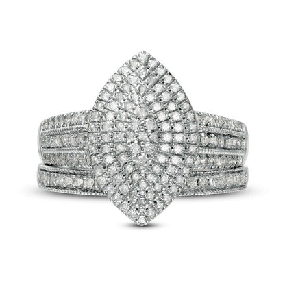 0.75 CT. T.W. Composite Natural Diamond Triple Marquise Frame Antique Vintage-Style Multi-Row Bridal Engagement Ring Set in Solid 10K White Gold