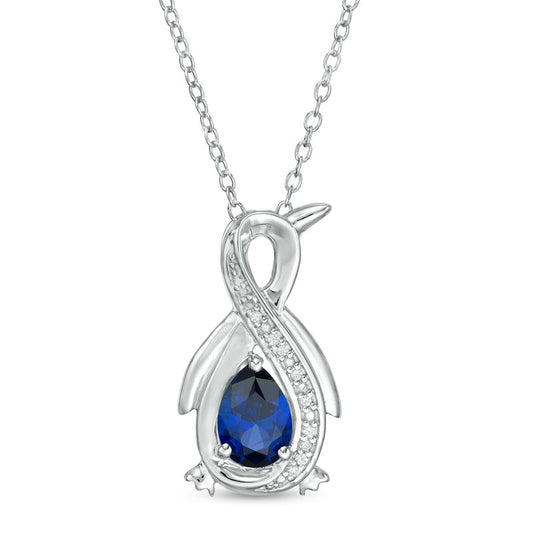 Pear-Shaped Lab-Created Blue Sapphire and Diamond Accent Infinity Penguin Pendant in Sterling Silver