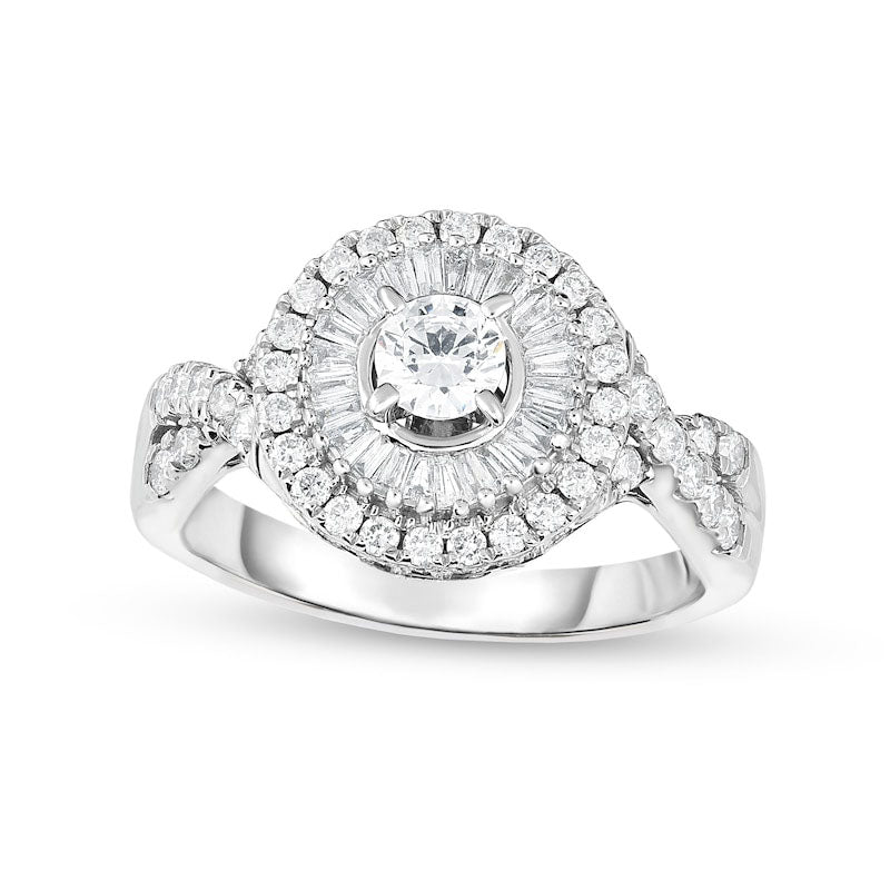 1.25 CT. T.W. Natural Diamond Double Frame Twist Shank Engagement Ring in Solid 14K White Gold