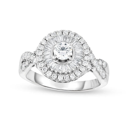 1.25 CT. T.W. Natural Diamond Double Frame Twist Shank Engagement Ring in Solid 14K White Gold
