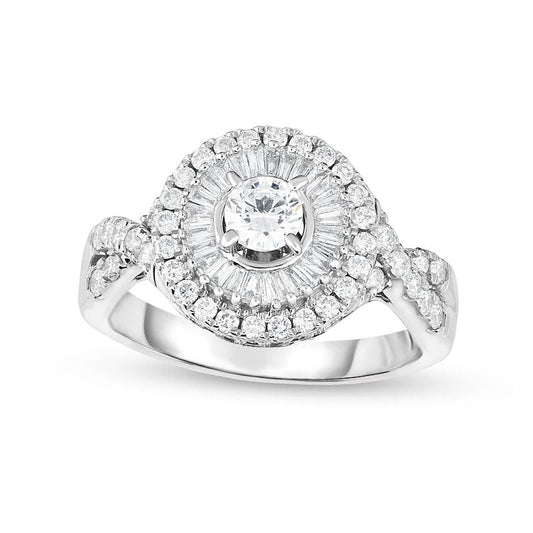 1.25 CT. T.W. Natural Diamond Double Frame Twist Shank Engagement Ring in Solid 14K White Gold