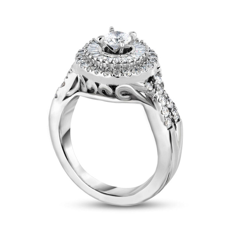 1.25 CT. T.W. Natural Diamond Double Frame Twist Shank Engagement Ring in Solid 14K White Gold