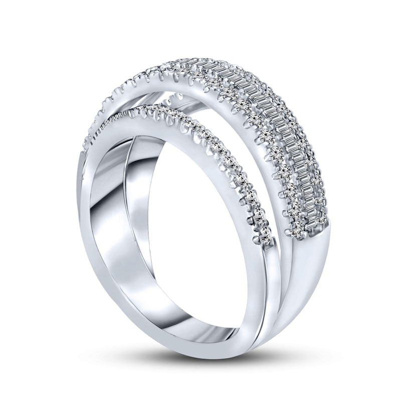 1.0 CT. T.W. Baguette and Round Natural Diamond Multi-Row Band in Solid 14K White Gold