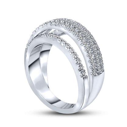 1.0 CT. T.W. Baguette and Round Natural Diamond Multi-Row Band in Solid 14K White Gold