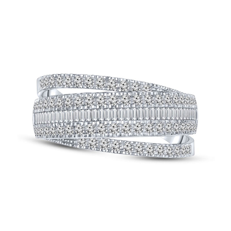 1.0 CT. T.W. Baguette and Round Natural Diamond Multi-Row Band in Solid 14K White Gold
