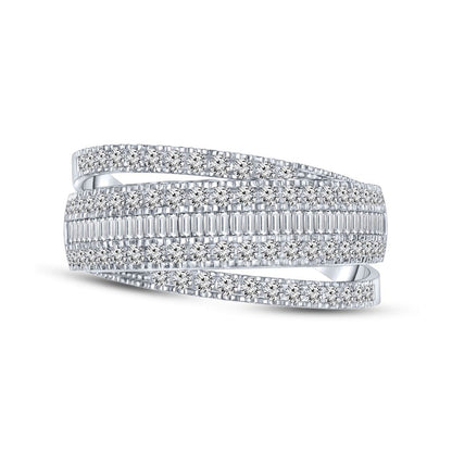 1.0 CT. T.W. Baguette and Round Natural Diamond Multi-Row Band in Solid 14K White Gold