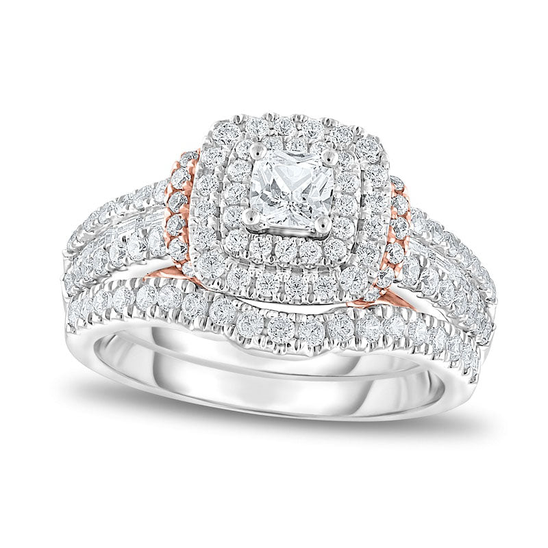 1.25 CT. T.W. Cushion-Cut Natural Diamond Double Frame Collar Multi-Row Bridal Engagement Ring Set in Solid 14K Two-Tone Gold